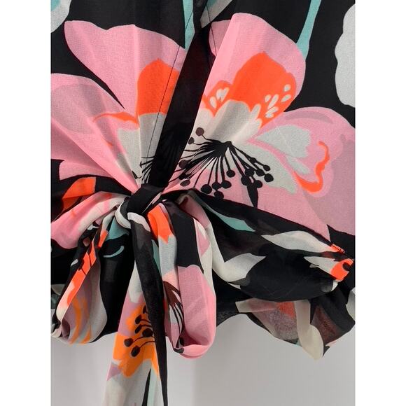 EXPRESS Women's Black Floral Print Sheer Wrap Tie Long Pleated Sleeve Top SZ L - Picture 10 of 12